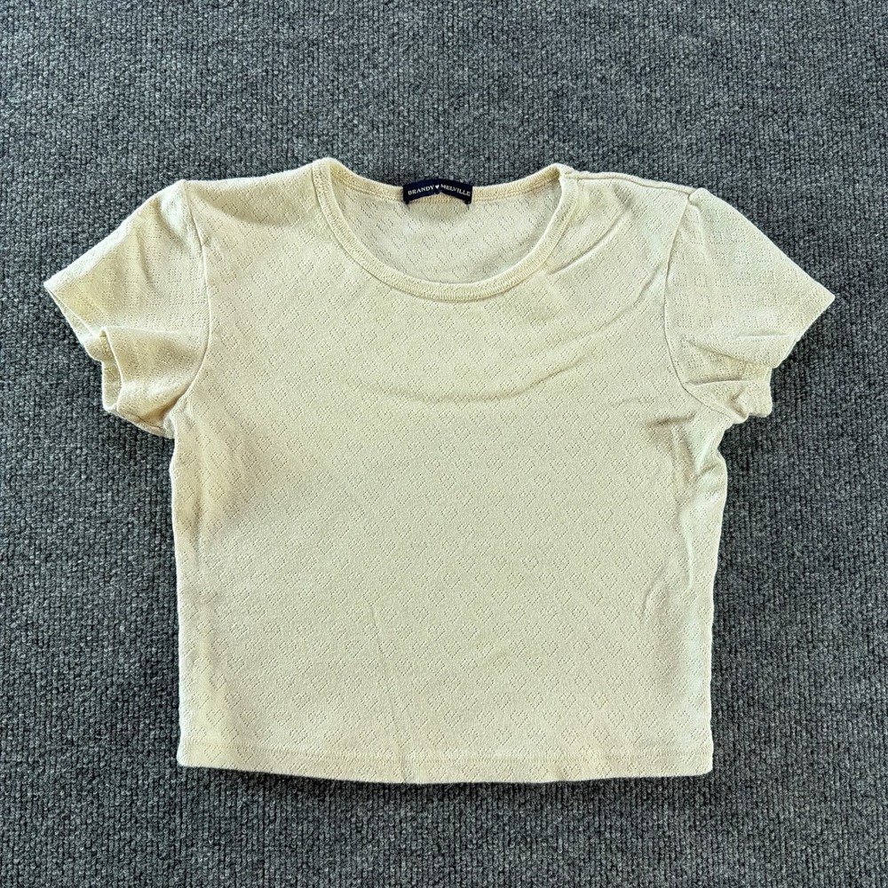 Brandy Melville Cream Heart Pointelle Knit Crop Top Tee Made in Italy Summer